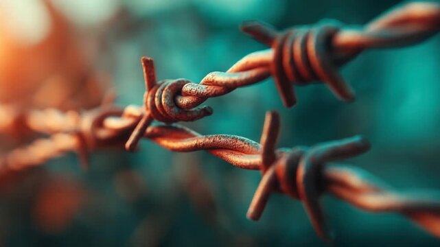 A close-up of rusty barbed wire against an out-of-focus background, with sunlight