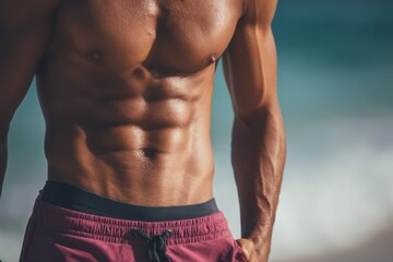 Fototapeta premium Fit Man in Color Underwear at Beach, Toned Waist