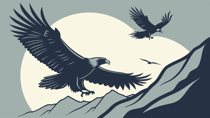 Obraz premium Powerful Eagles Soaring Over Mountain Peaks at Sunrise for Business Leadership, Strength, Freedom, and Success Branding
