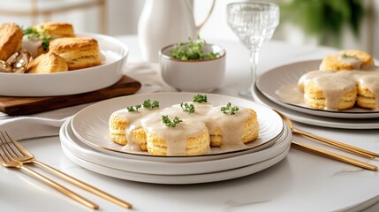 Elegant Biscuits and Gravy Plated with Gold Cutlery and White Dishes, Featuring a Sophisticated Breakfast or Brunch Presentation