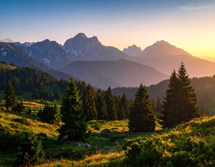 A scenic panorama of mountainous terrain at dawn. Evergreen trees dot the foreground, with layers of mountains fading into the morning sky