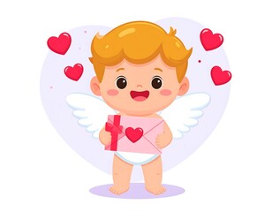 Obraz premium A cherubic, winged figure holding an envelope surrounded by hearts