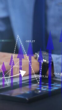 Businessman using laptop with 3D holographic graph visualization showing digital data analytics concept. Vertical 9:16 video portrait