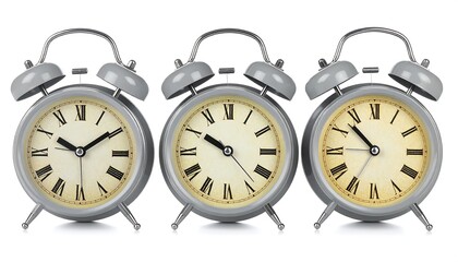 Three grey alarm clocks, different times, on a white background