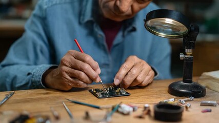 An experienced technician meticulously works on a circuit board, illustrating skillful craftsmanship and attention to detail in electronics repair and innovation.