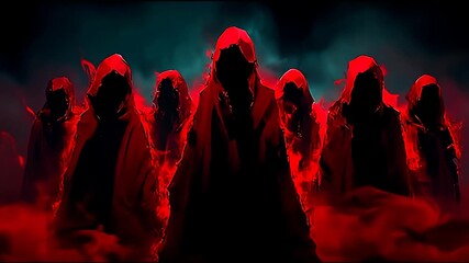 Mysterious hooded figures in red robes shrouded in smoky, dark atmosphere - Powered by Adobe