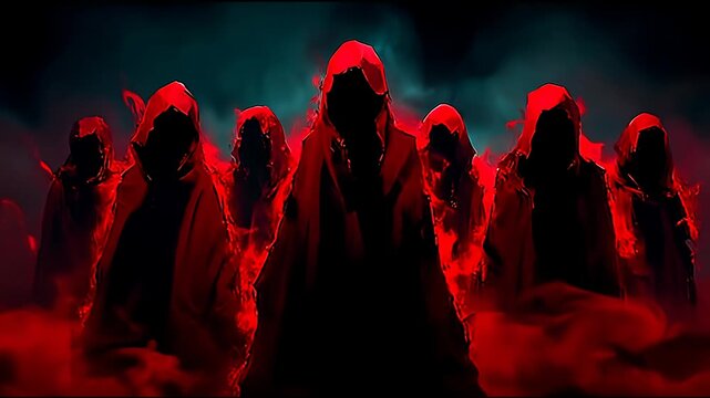 Mysterious hooded figures in red robes shrouded in smoky, dark atmosphere