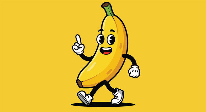 Cartoon Banana Character Walking with a Pointing Finger.