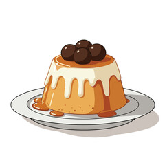 Delicious Caramel Pudding with Chocolate Topping on a Plate.
