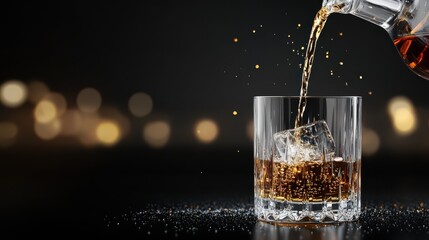 Pouring Whiskey into Crystal Glass with Ice Cube. Classic Alcohol Drink, Bar Scene, Nightlife, Dark Background with Bokeh.