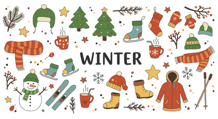 Festive Winter Holiday Collection of Seasonal Objects and Decorations.