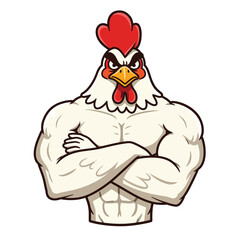 Muscular Cartoon Chicken with Red Comb and Crossed Arms.