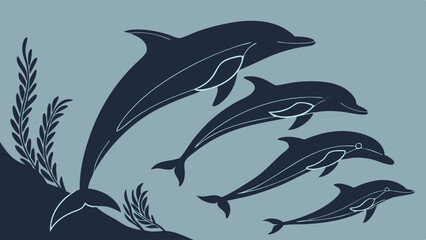 Naklejka premium Dynamic Pod of Dolphins Leaping Ocean Waves Vector Illustration for Marine Wildlife Conservation Education and Summer Travel