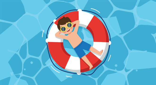 Young boy relaxing on a red and white inflatable ring in a blue swimming pool.