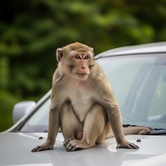 Monkey perched on a car hood, observing its surroundings with focus.