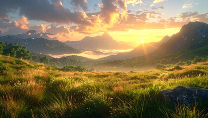 Scenic landscape with mountains, golden sunlight, and grassy meadow.