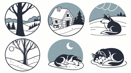 Winter Landscape and Husky Dog Illustrations Set. Cozy Cabin, Snowy Trees, and Sleeping Huskies. Peaceful Nature and Animal Icons for Web Design and Marketing