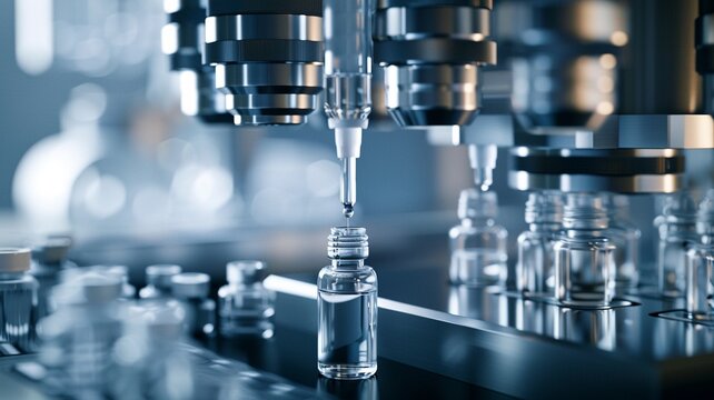 Medical vial vaccine treatment on a factory production line pharmaceutical machine working beauty industry, laboratory tests.