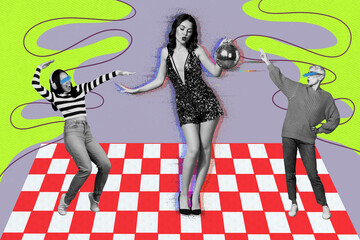 Composite 3d full image photo collage of happy sexy girl dance hall hold disco ball two friends...