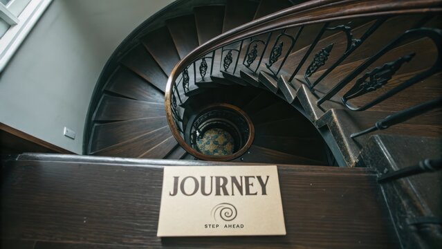 Elegant spiral staircase with journey sign at the top step