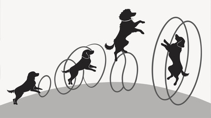 Black Dog Jumping Through Hoops Illustrating Business Growth, Skill Development, Training, and Progress. Overcoming Challenges for Success and Achievement.