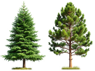 Fototapeta premium Two photorealistic pine trees one with dense green needles and the other with lighter green foliage and brown branches isolated on a transparent background