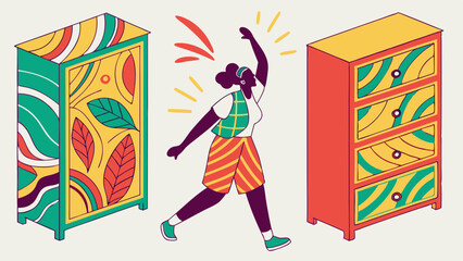 Vibrant Illustration: Joyful Woman Celebrating Creative Furniture Makeover. DIY Upcycling for Personalized Home Decor.