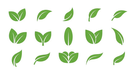 Transparent background isolated green leaf icon collection. Minimalist design for ecology, organic, and natural products, png.