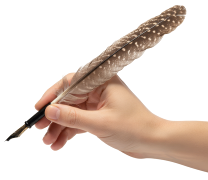 a hand holds an elegant feathered quill pen with a gold nib for writing