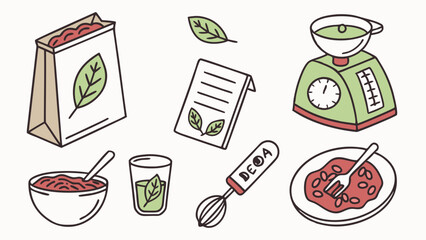Prepare Healthy Organic Meals with Recipe Ingredients and Kitchen Tools Line Art Illustration for Food Blogs and Web Design