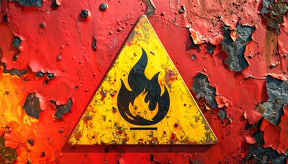 Close-up of a weathered and rusty flammable warning sign on a decaying red metal surface with peeling paint