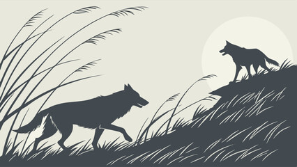 Wild Wolves Silhouette on Grassy Hill at Sunrise. Nature Wildlife Adventure, Leadership Challenge Journey. Powerful Animal Graphic.
