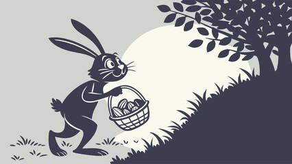 Happy Traditional Easter Bunny Carrying Basket of Eggs Up Grassy Hill Silhouette for Spring Holiday Marketing, Children's Events, and Festive Design.
