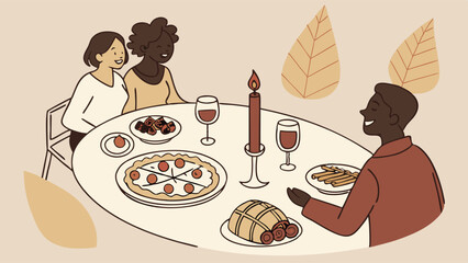 Happy Diverse Friends Sharing a Warm Autumn Dinner Party with Delicious Food and Wine