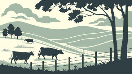 Green Rural Landscape with Grazing Cows on Rolling Hills Farm Scene Agriculture Nature Sustainable Food