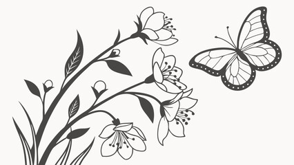 Delicate Butterfly and Floral Branch Line Art Illustration for Spring Web Design Invitations and Nature Branding