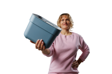 Woman in a pink sweatshirt confidently holds out a blue plastic container with one hand, isolated on white. Ideal for storage, organization, or product presentation themes