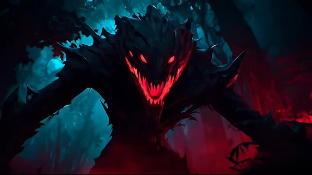 Fierce monstrous creature with glowing red eyes and mouth in a dark forest