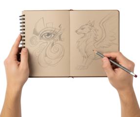 two hands draw a fantasy creature and eye in a sketchbook with a pencil
