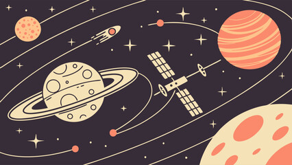Futuristic Space Exploration with Planets Satellite and Rocket. Modern Cosmic Journey for Science Education Technology and Innovation.