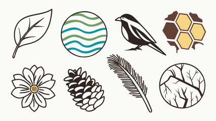 Nature Elements Vector Icons Set Leaf Bird Flower Pinecone Feather Honeycomb Water Branches for Eco-Friendly Sustainable Branding and Web Design