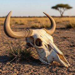 Wildebeest Skull in African Savannah - A Symbol of Life and Death.