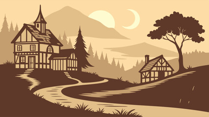 Rustic Fantasy Village Landscape Illustration. Medieval Houses, Winding Road, Mountains, and Forest. Ideal for Travel, Gaming, and Storytelling Art.
