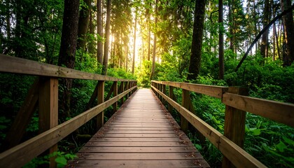 Fototapeta premium Wooden bridge through lush forest. Sunlight streams through the trees