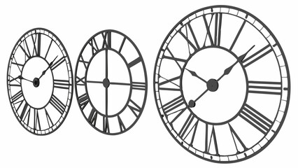 Three Elegant Roman Numeral Clocks. Classic Vintage Design for Time Management, Business Deadlines, Financial Planning, and Historical Projects.