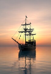 Obraz premium Pirate Ship Silhouette at Sunset - A Timeless Maritime Adventure.