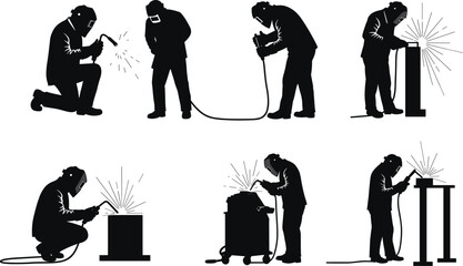 Obraz premium Silhouettes of welding workers with protective helmets, sparks, industrial equipment, robotic automation, construction, engineering, fabrication, manufacturing, safety gear vector illustration