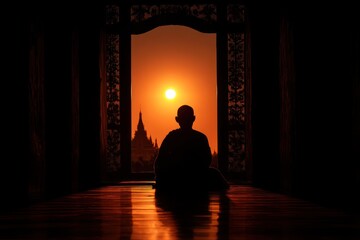Monk in Meditation Silhouette in Temple at Sunset