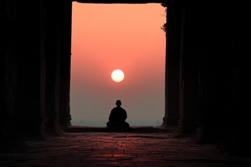 Monk in Meditation Silhouette in Temple at Sunset