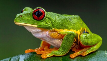 Fototapeta premium A vibrant green frog with striking red and black eyes, perched on a glossy leaf against a blurry green background